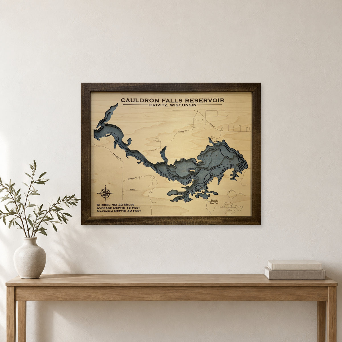 Cauldron Falls Reservoir, Crivitz, Wisconsin Wood Map — room mockup [MC20261006 q2530 01f163ea01d4]