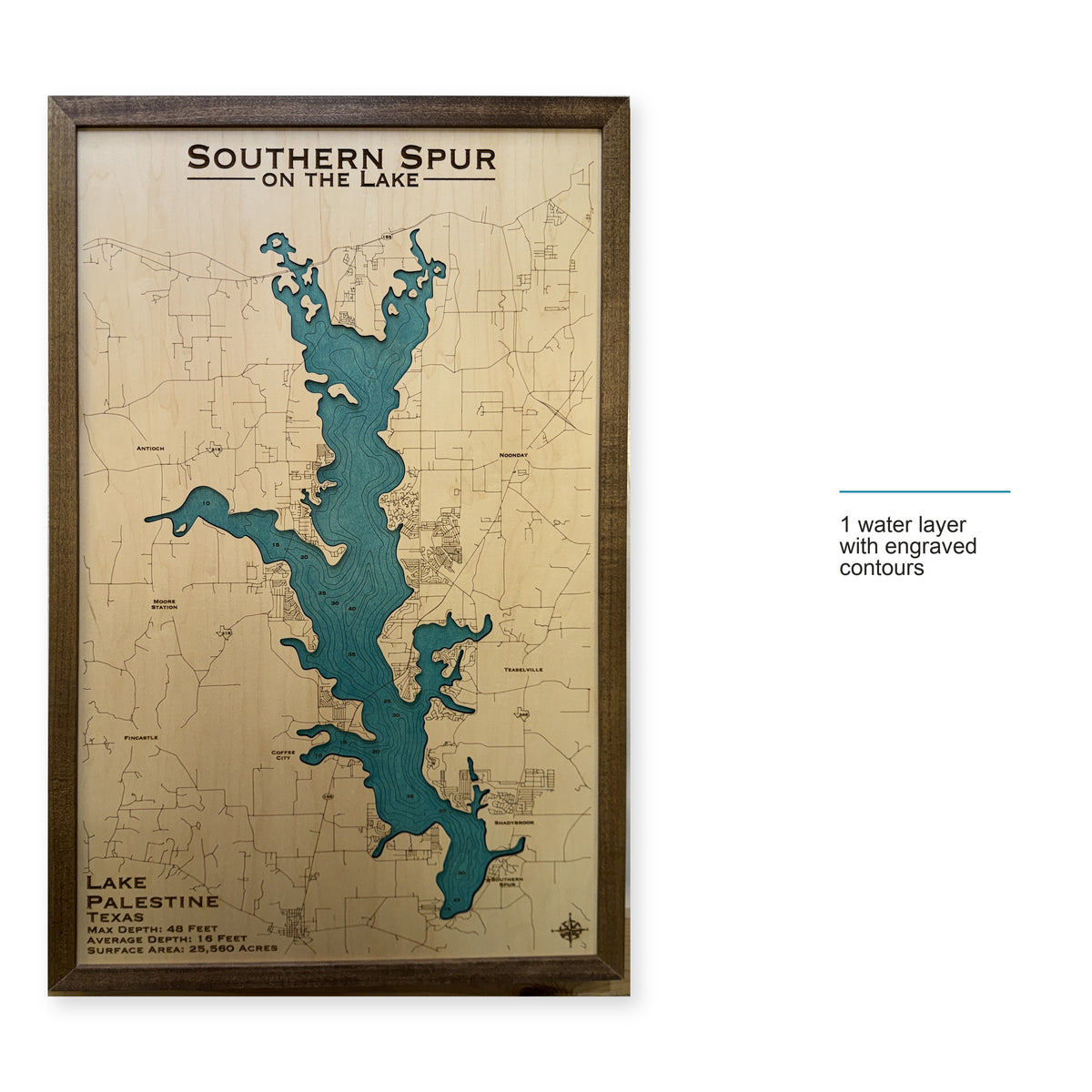 Lake Palestine Texas Southern Spur Single Water Layer Engraved Contours Wood Map — style-labeled photo [MC20261006 q2534 8f42e6ae938b]