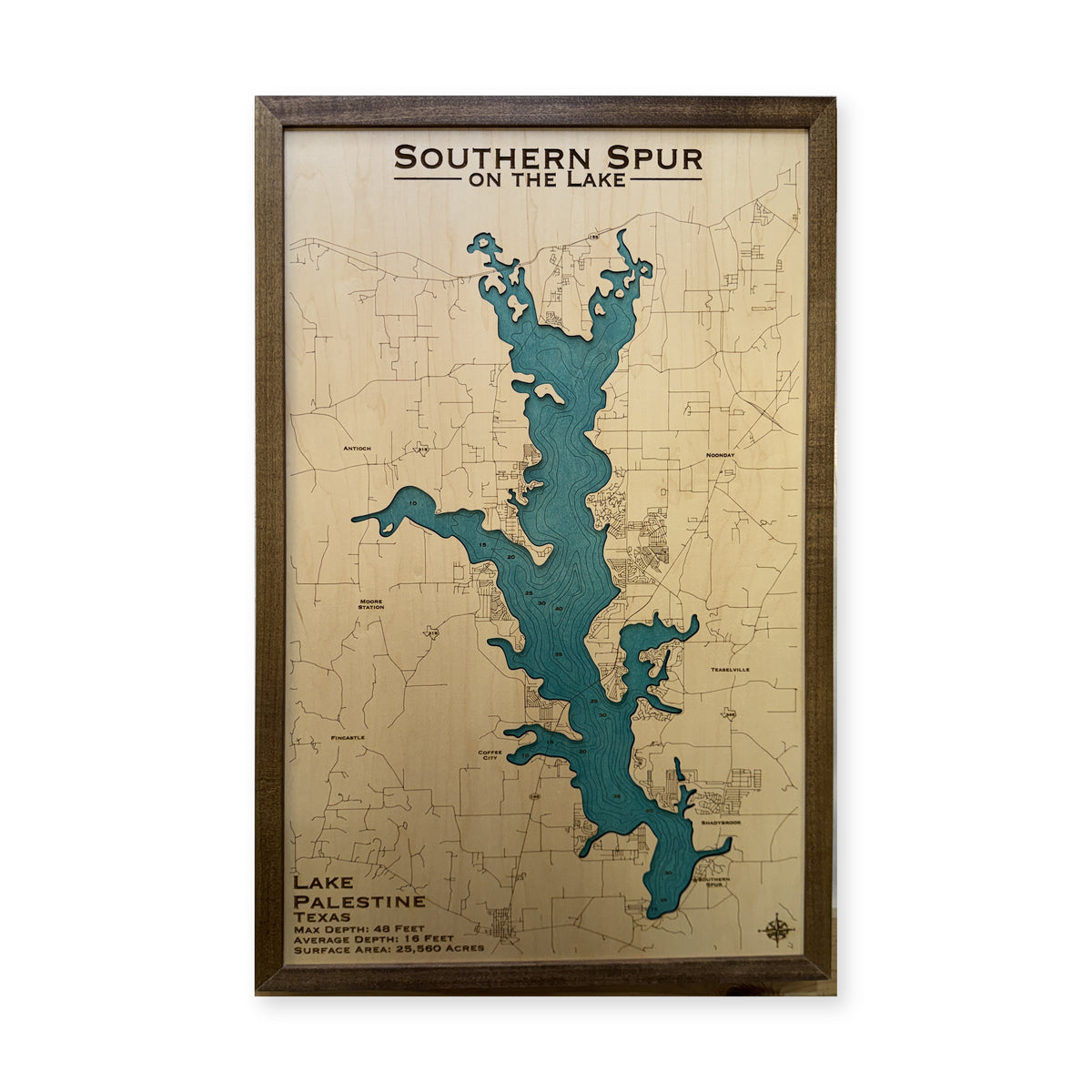 Lake Palestine Texas Southern Spur Single Water Layer Engraved Contours Wood Map — 1 water layer with engraved contours main photo [MC20261006 q2534 60f0349bfd34]
