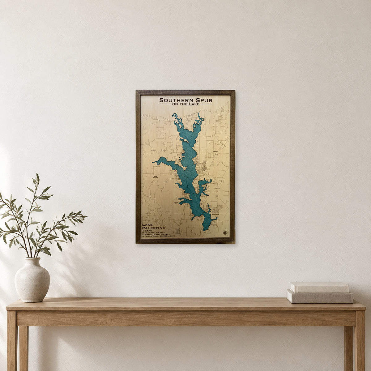 Lake Palestine Texas Southern Spur Single Water Layer Engraved Contours Wood Map — room mockup [MC20261006 q2534 0ee242acd7d9]