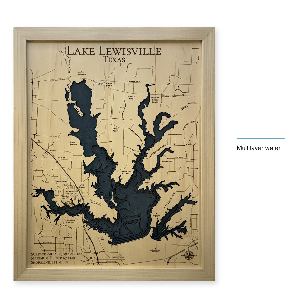 Lake Lewisville Texas Natural Multilayer Wood Map — style-labeled photo [MC20261006 q2558 aa56c57fe11d]