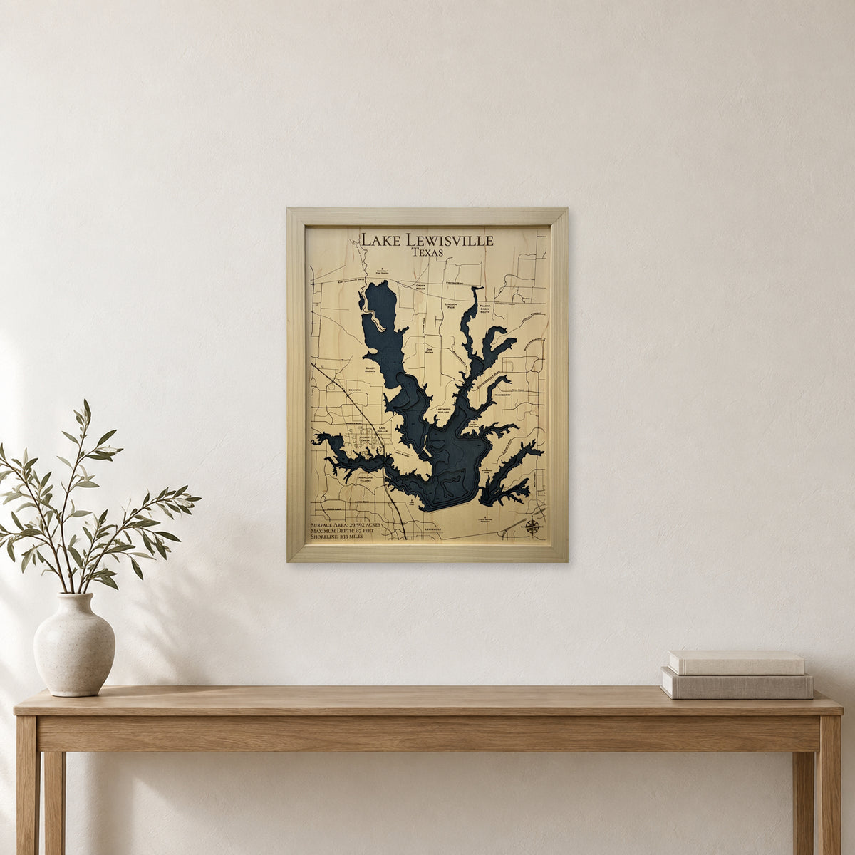 Lake Lewisville Texas Natural Multilayer Wood Map — room mockup [MC20261006 q2558 a04d261c1f4f]