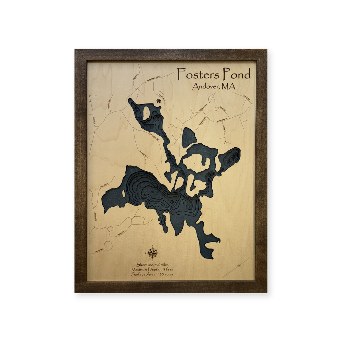 Fosters Pond, Andover, Massachusetts Wood Map — plain-background photo [MC20261006 q2569 d1c987c52ffa]