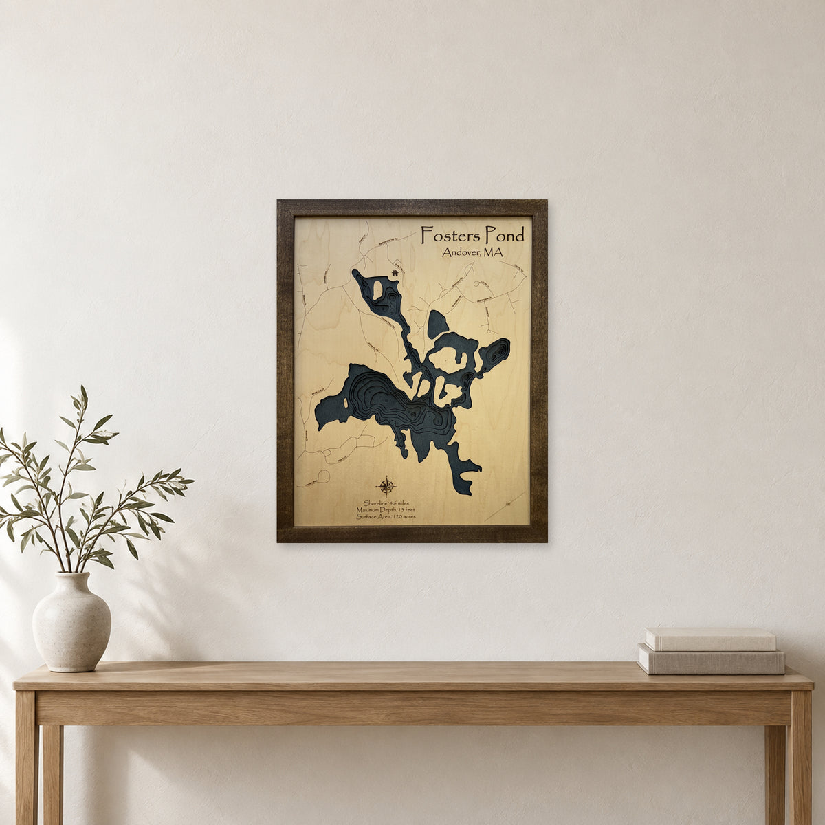 Fosters Pond, Andover, Massachusetts Wood Map — room mockup [MC20261006 q2569 5431416d0d09]