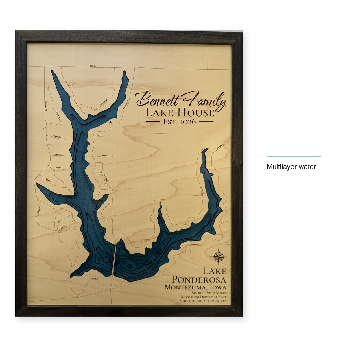 Lake Ponderosa, Montezuma, Iowa Wood Map — style-labeled photo [MC20261006 q2579 558dc9f2448e]