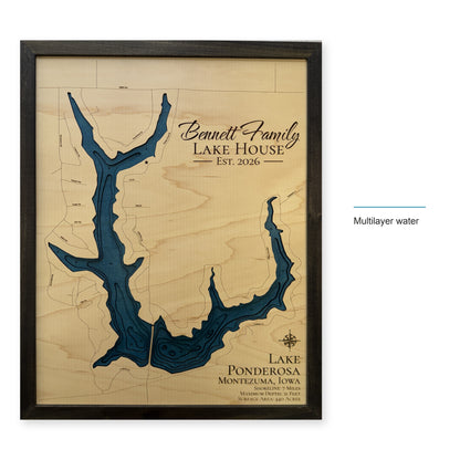 Lake Ponderosa, Montezuma, Iowa Wood Map — style-labeled photo [MC20261006 q2579 558dc9f2448e]