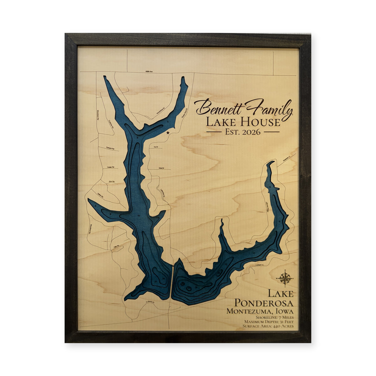 Lake Ponderosa, Montezuma, Iowa Wood Map — plain-background photo [MC20261006 q2579 927c520ba13a]
