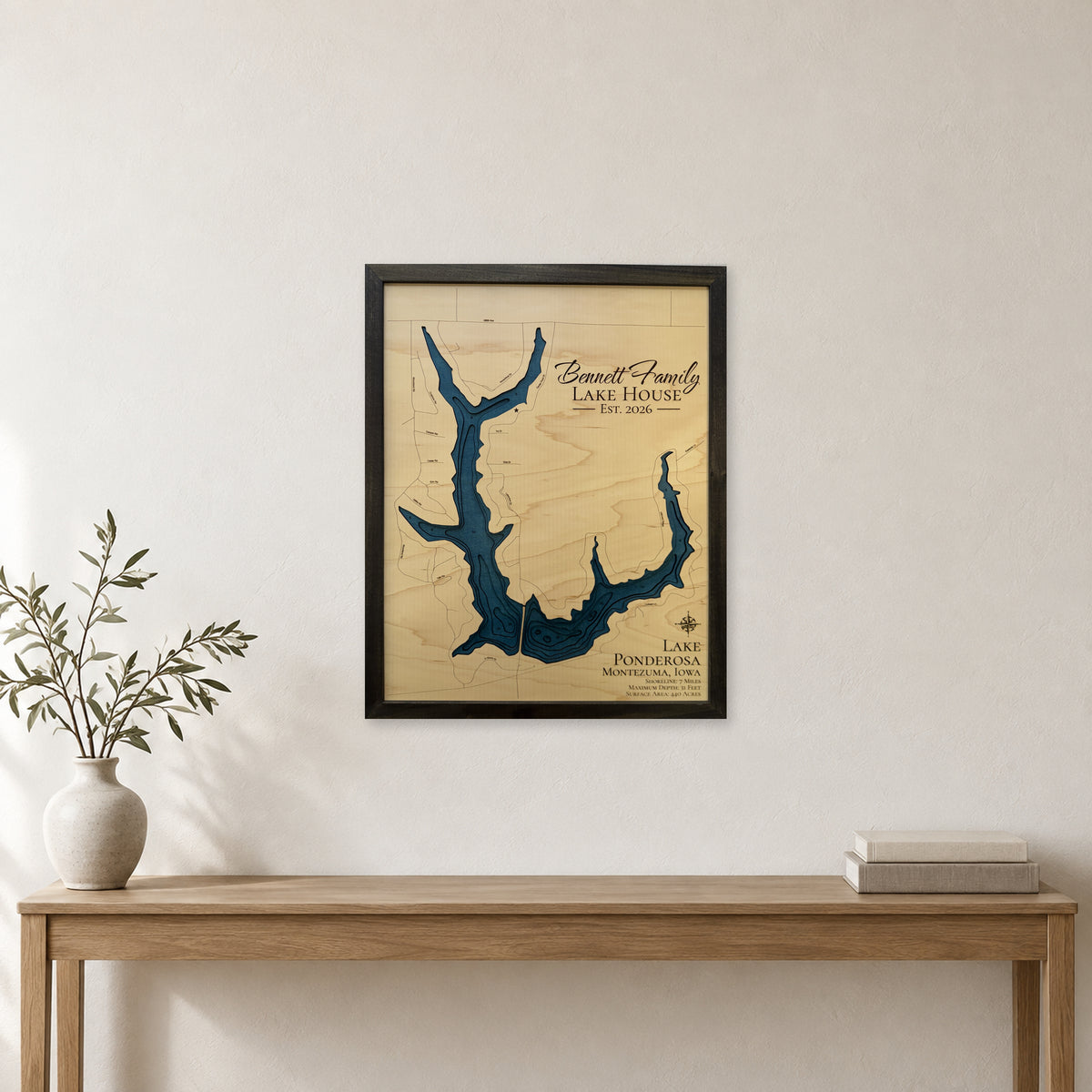 Lake Ponderosa, Montezuma, Iowa Wood Map — room mockup [MC20261006 q2579 01aece93f41e]