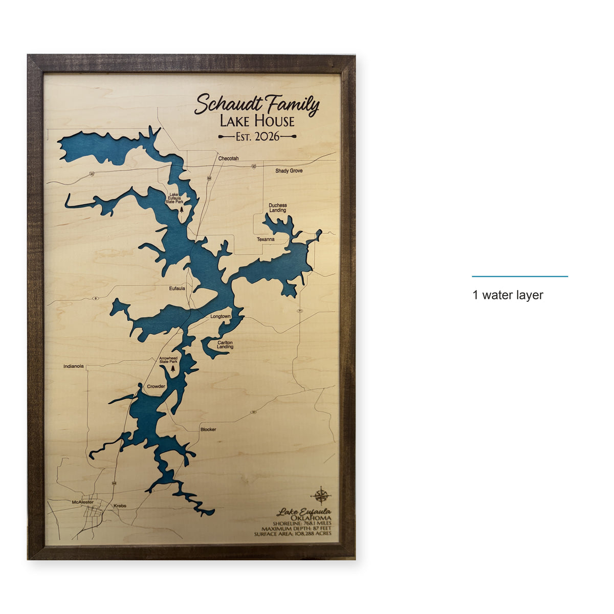 Lake Eufaula Oklahoma Schaudt Family Single Water Layer Wood Map — style-labeled photo [MC20261006 q2582 29f4c797ef28]