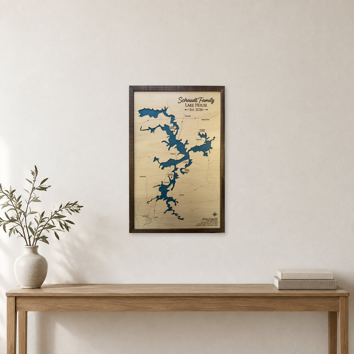 Lake Eufaula Oklahoma Schaudt Family Single Water Layer Wood Map — room mockup [MC20261006 q2582 535521c583c4]