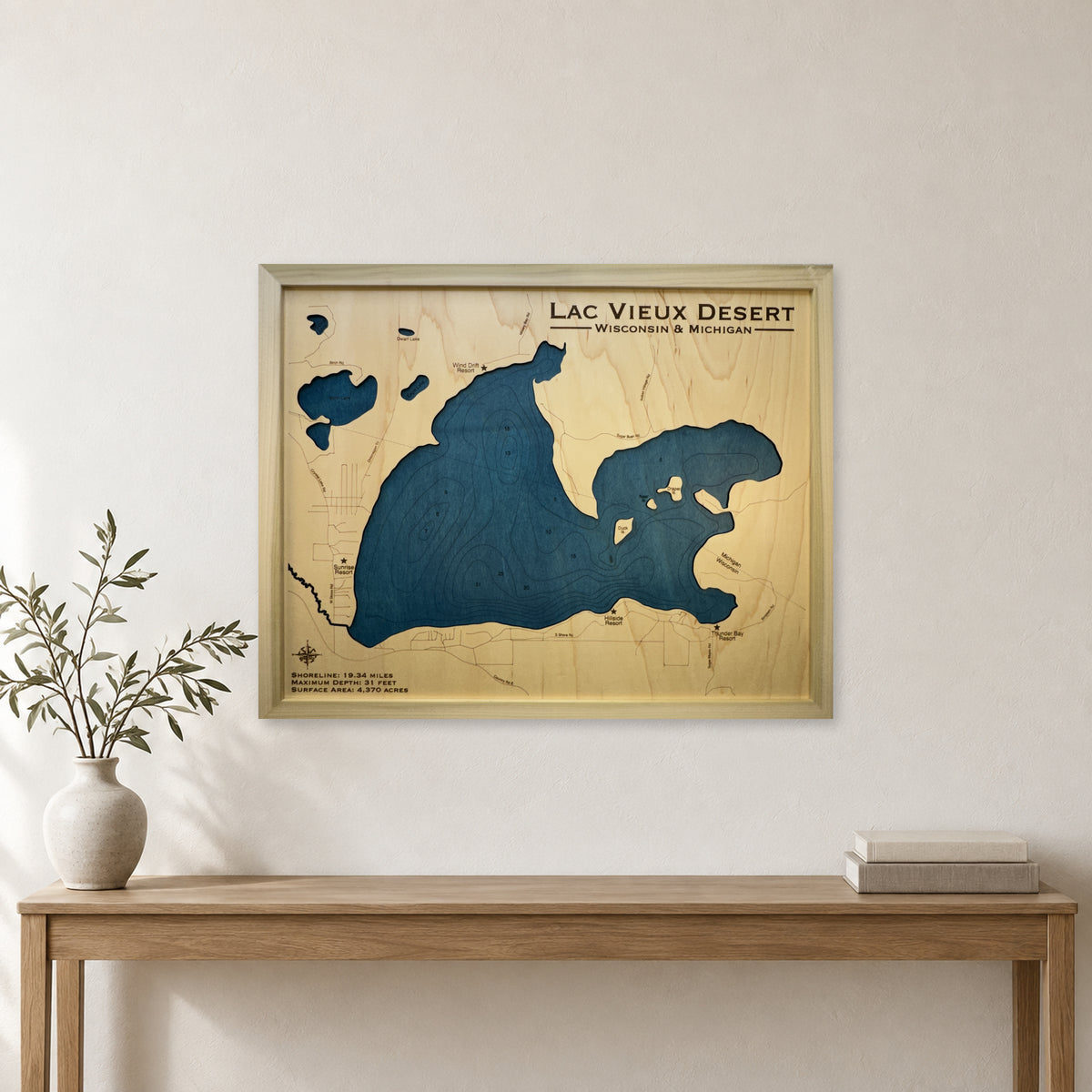 Lac Vieux Desert, Wisconsin and Michigan Wood Map — room mockup [MC20261006 q2609 fd334f83549d]