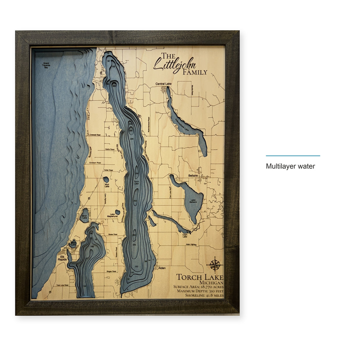 Torch Lake Michigan Littlejohn Family Multilayer Wood Map — style-labeled photo [MC20261006 q2613 dbbc9539778d]