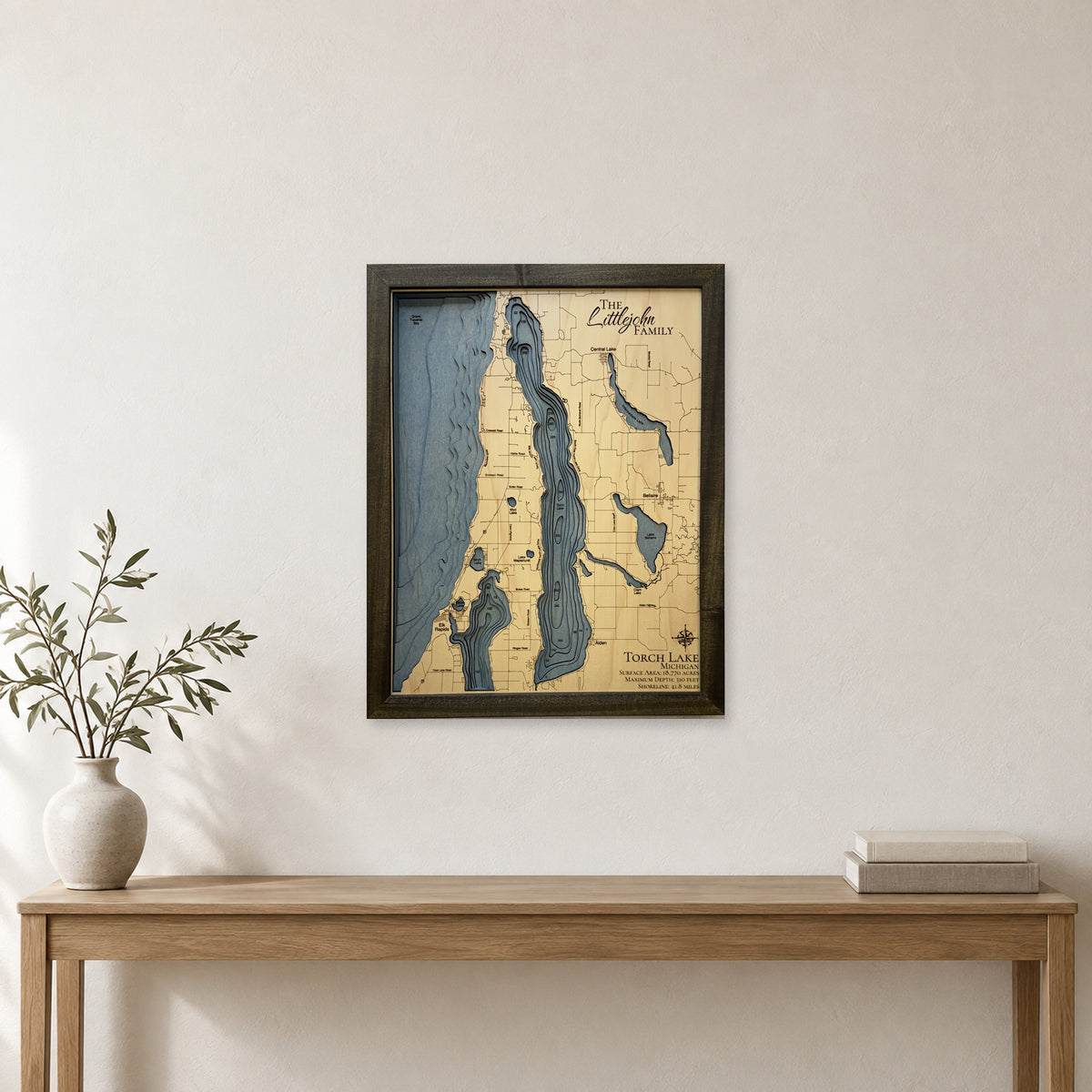Torch Lake Michigan Littlejohn Family Multilayer Wood Map — room mockup [MC20261006 q2613 614646a2f35a]