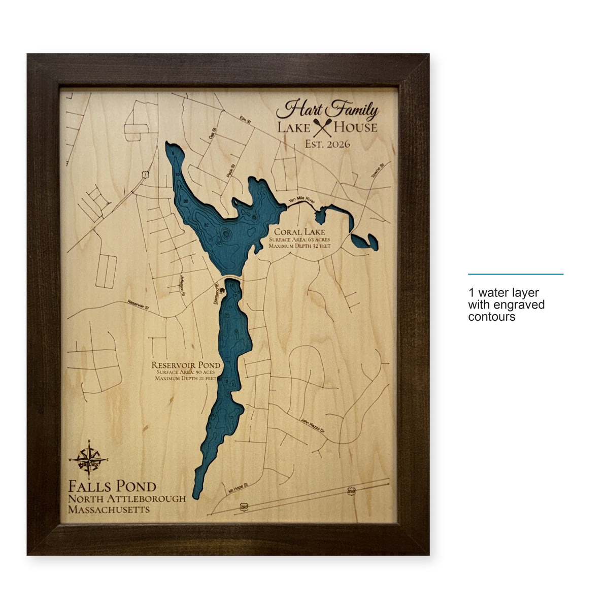 Falls Pond, North Attleborough, Massachusetts Wood Map — style-labeled photo [MC20261006 q2617 84e7de264a01]