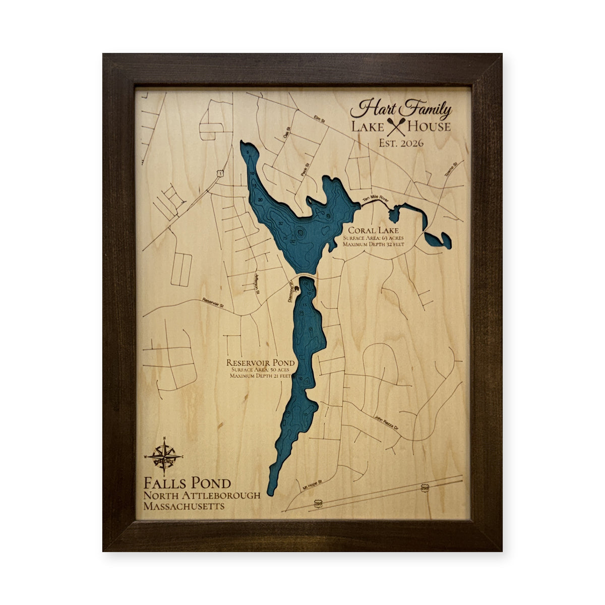 Falls Pond, North Attleborough, Massachusetts Wood Map — plain-background photo [MC20261006 q2617 b19dcc3b7bd9]