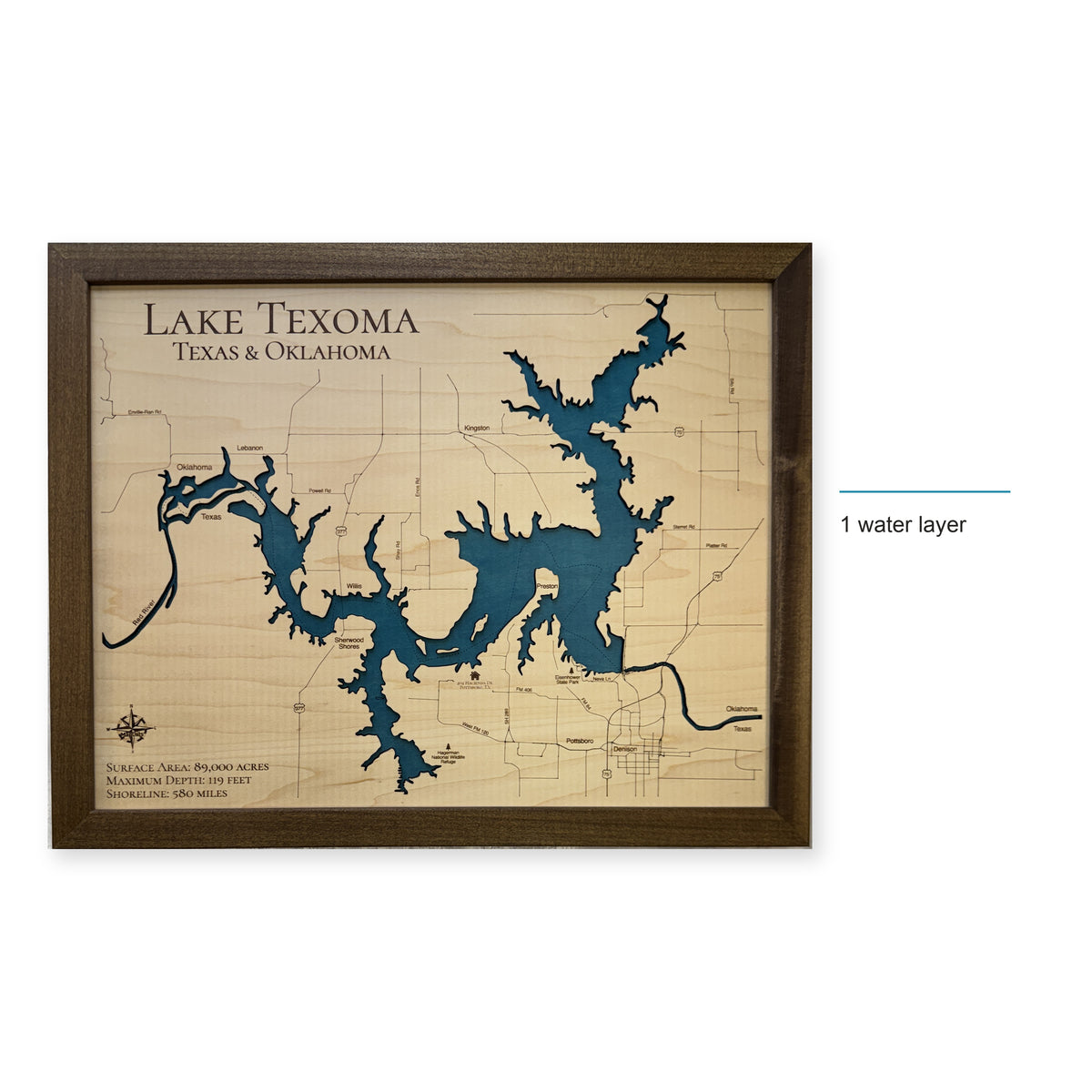 Lake Texoma Texas and Oklahoma Walnut Single Water Layer Wood Map — style-labeled photo [MC20261006 q2619 b044f26271f4]