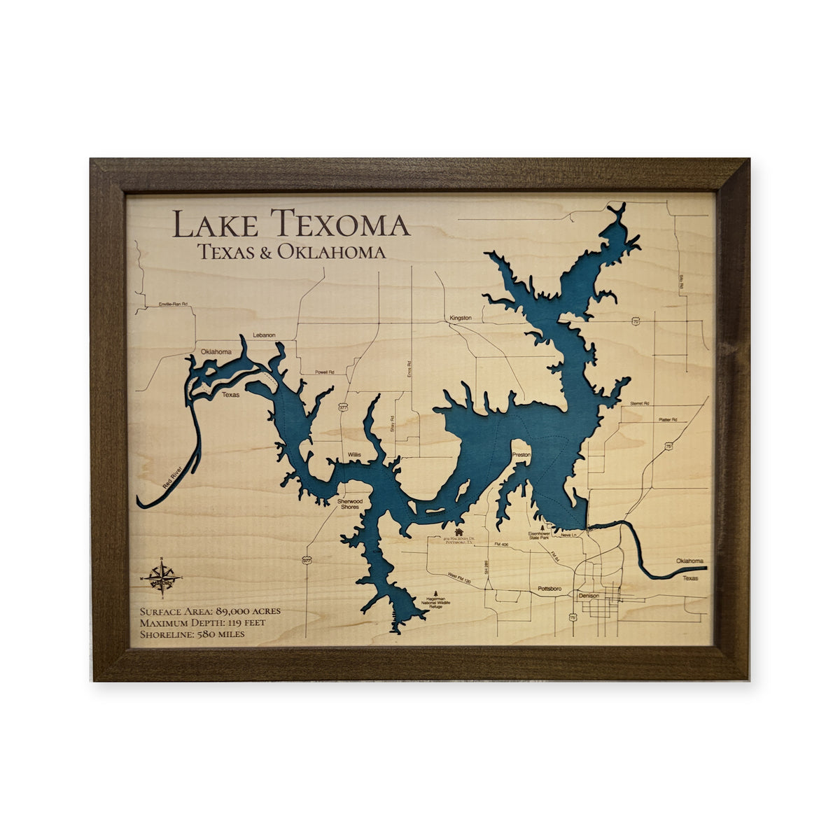 Lake Texoma Texas and Oklahoma Walnut Single Water Layer Wood Map — 1 water layer main photo [MC20261006 q2619 0cce910c6e36]