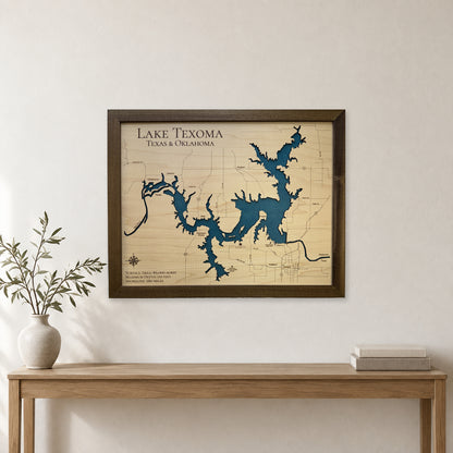 Lake Texoma Texas and Oklahoma Walnut Single Water Layer Wood Map — room mockup [MC20261006 q2619 e659ce590760]