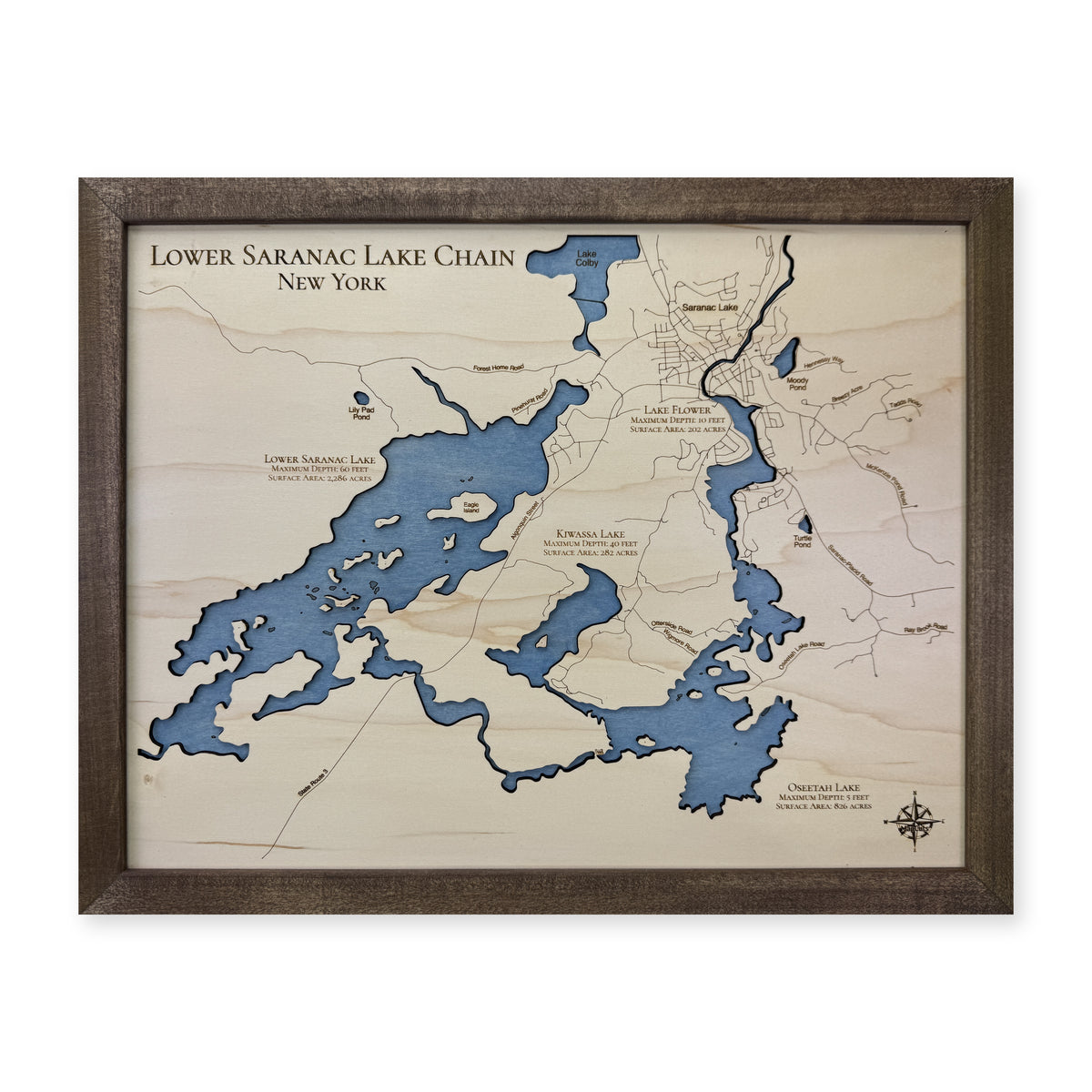 Lower Saranac Lake Chain, New York Wood Map — plain-background photo [MC20261006 q2636 8048f788a15e]
