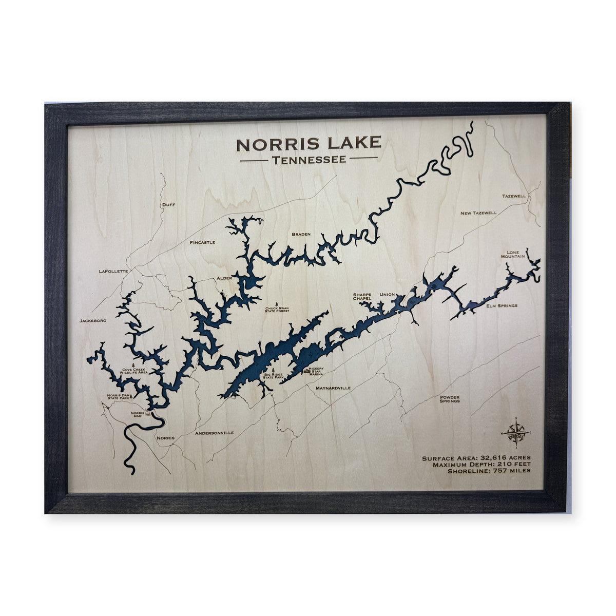 Norris Lake Tennessee Charcoal Single Water Layer Wood Map — 1 water layer main photo [MC20261006 q2638 86bd20cde7e5]