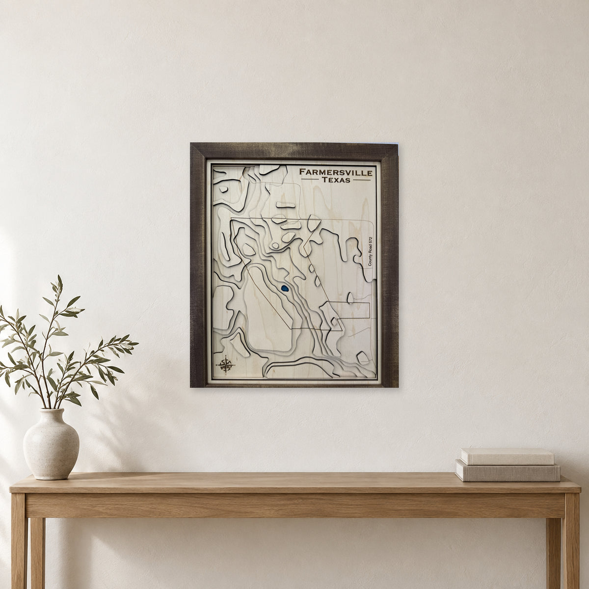 Farmersville, Texas Topographic Wood Map — room mockup [MC20261006 q2666 e60bc312a32c]