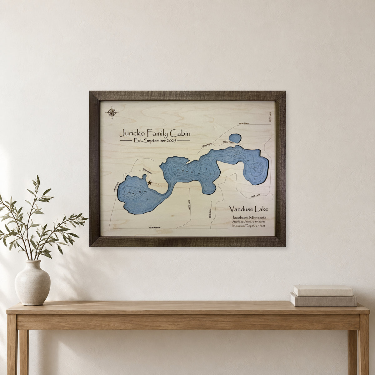 Vanduse Lake, Jacobson, Minnesota Wood Map — room mockup [MC20261006 q2684 bf5c07e98019]
