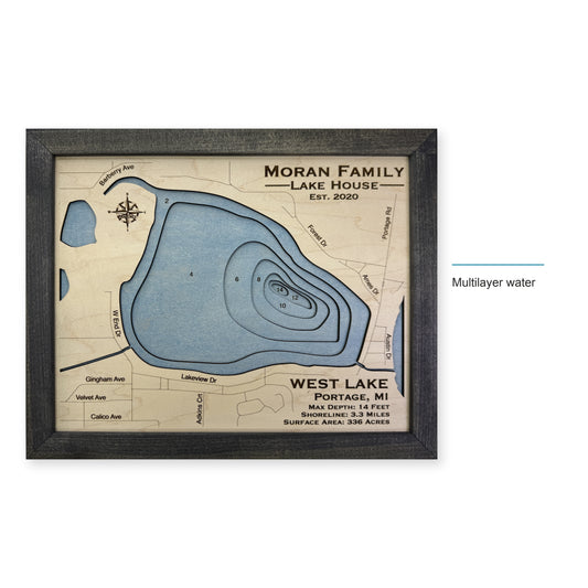 West Lake, Portage, Michigan Wood Map — style-labeled photo [MC20261006 q2717 077802e6fbdc]