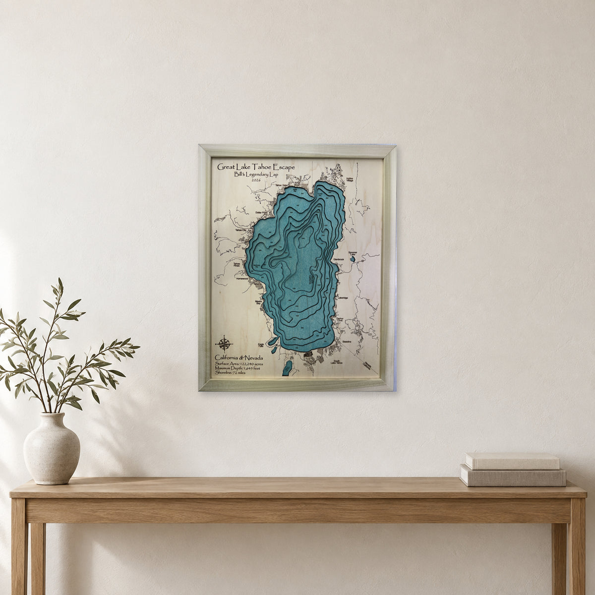 Lake Tahoe Great Lake Escape Bill Legendary Lap Natural Multilayer Wood Map — room mockup [MC20261006 q2745 7d03f8945509]