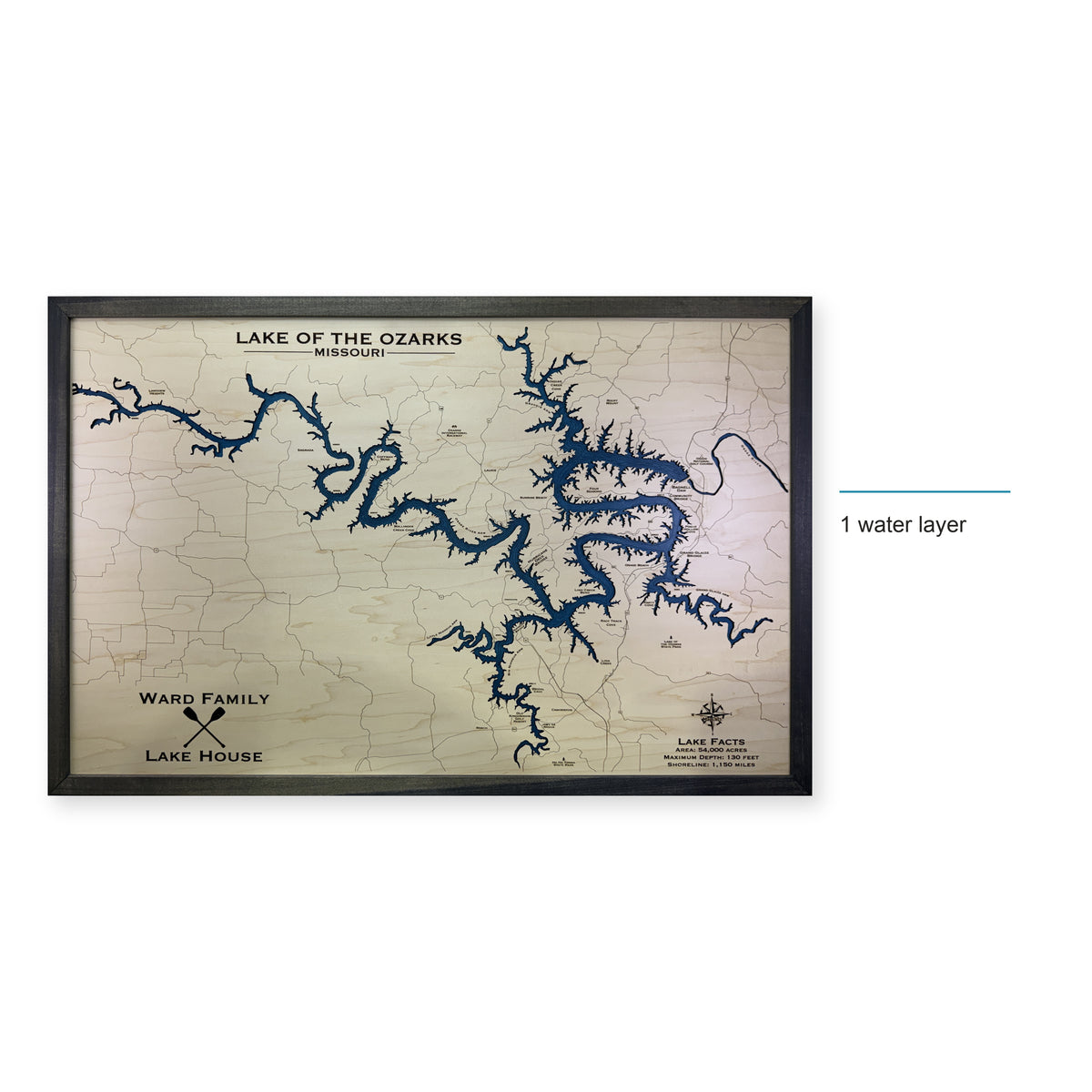 Lake of the Ozarks Missouri Ward Family Charcoal Single Water Wood Map — style-labeled photo [MC20261006 q2767 e3d306de1474]