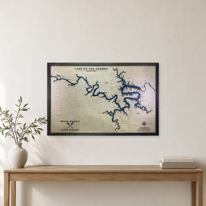 Lake of the Ozarks Missouri Ward Family Charcoal Single Water Wood Map — room mockup [MC20261006 q2767 06e84d951413]