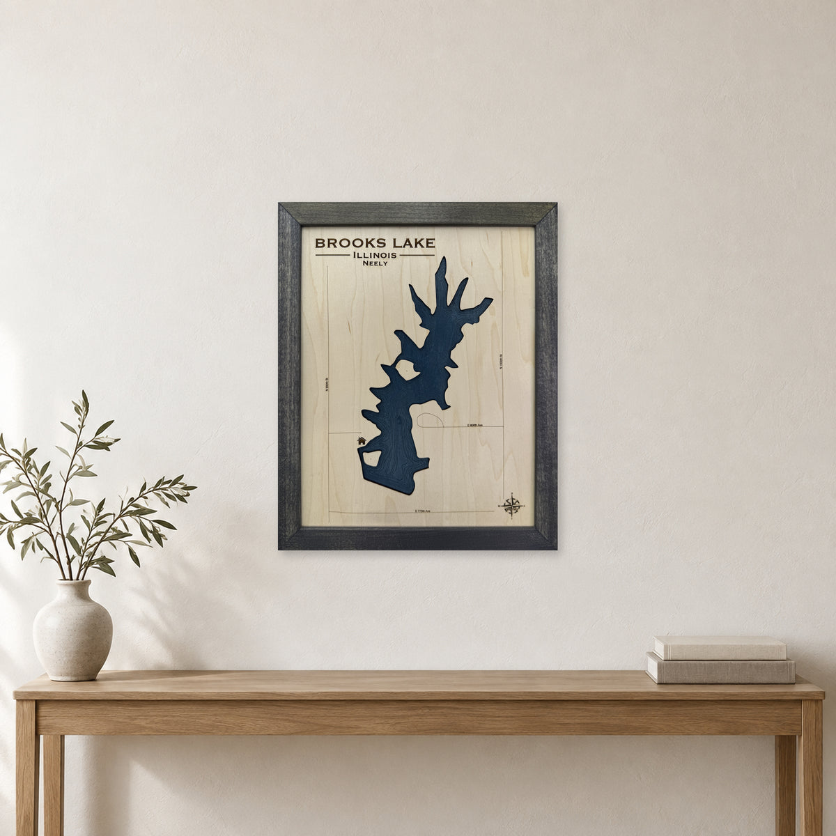 Brooks Lake, Illinois Wood Map — room mockup [MC20261006 q2779 b701d0bda0a2]