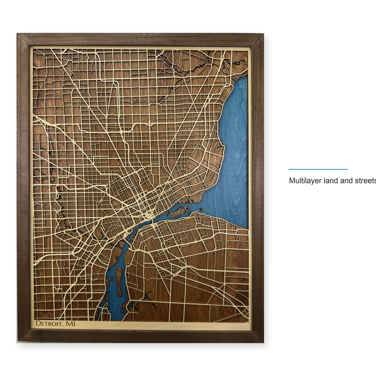 Detroit Michigan Walnut Portrait Layered Street Wood Map — style-labeled photo [MC20261006 q2834 59000e5cdebb]