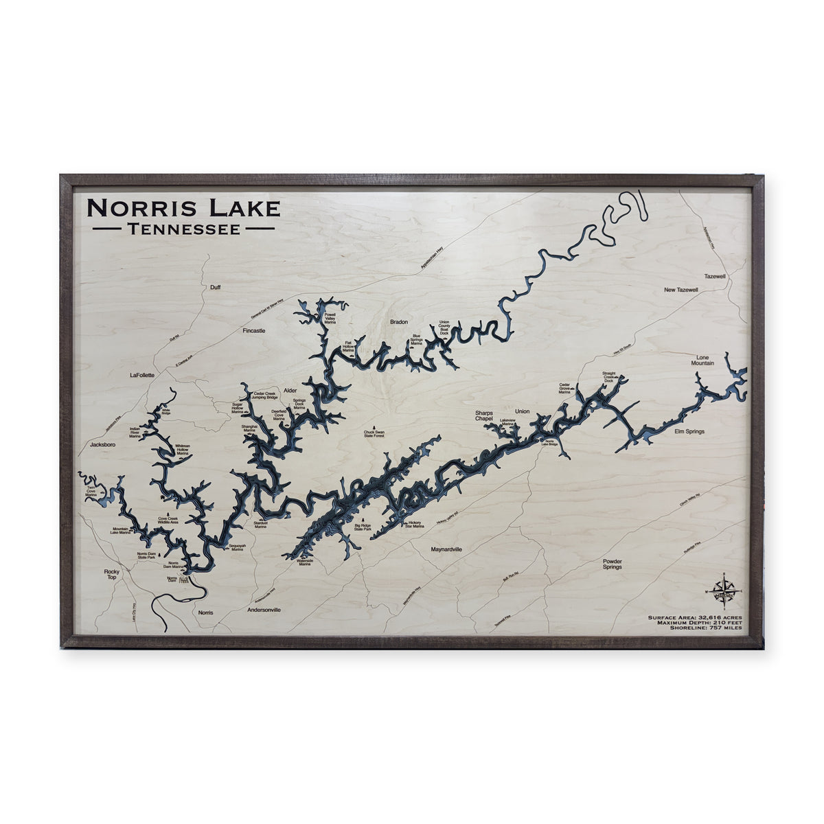 Norris Lake Tennessee Walnut Bold Title Multilayer Wood Map — Multilayer water main photo [MC20261006 q2840 59809954cfa3]