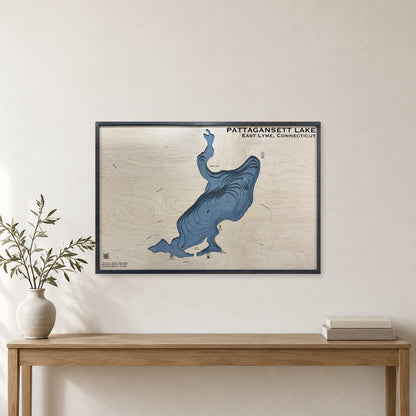 Pattagansett Lake, East Lyme, Connecticut Wood Map — room mockup [MC20261006 q2845 0fd0284edea9]