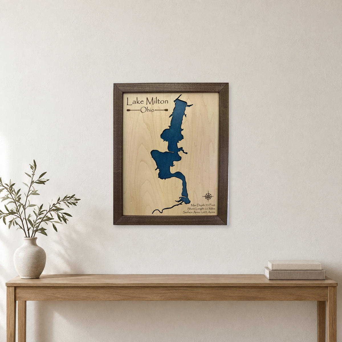 Lake Milton Ohio Walnut Script Title Single Water Wood Map — room mockup [MC20261006 q2874 49745042500c]