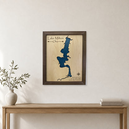 Lake Milton Ohio Walnut Script Title Single Water Wood Map — room mockup [MC20261006 q2874 49745042500c]