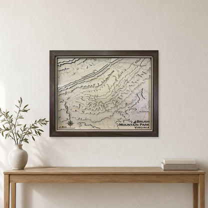Brush Mountain Park, Virginia Topographic Wood Map — room mockup [MC20261006 q2881 5d3117416098]