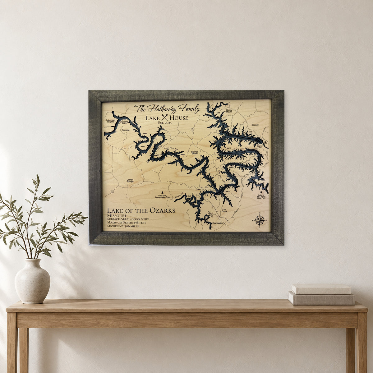 Lake of the Ozarks Missouri Hathaway Family Multilayer Wood Map — room mockup [MC20261006 q2885 8ad161f76c36]