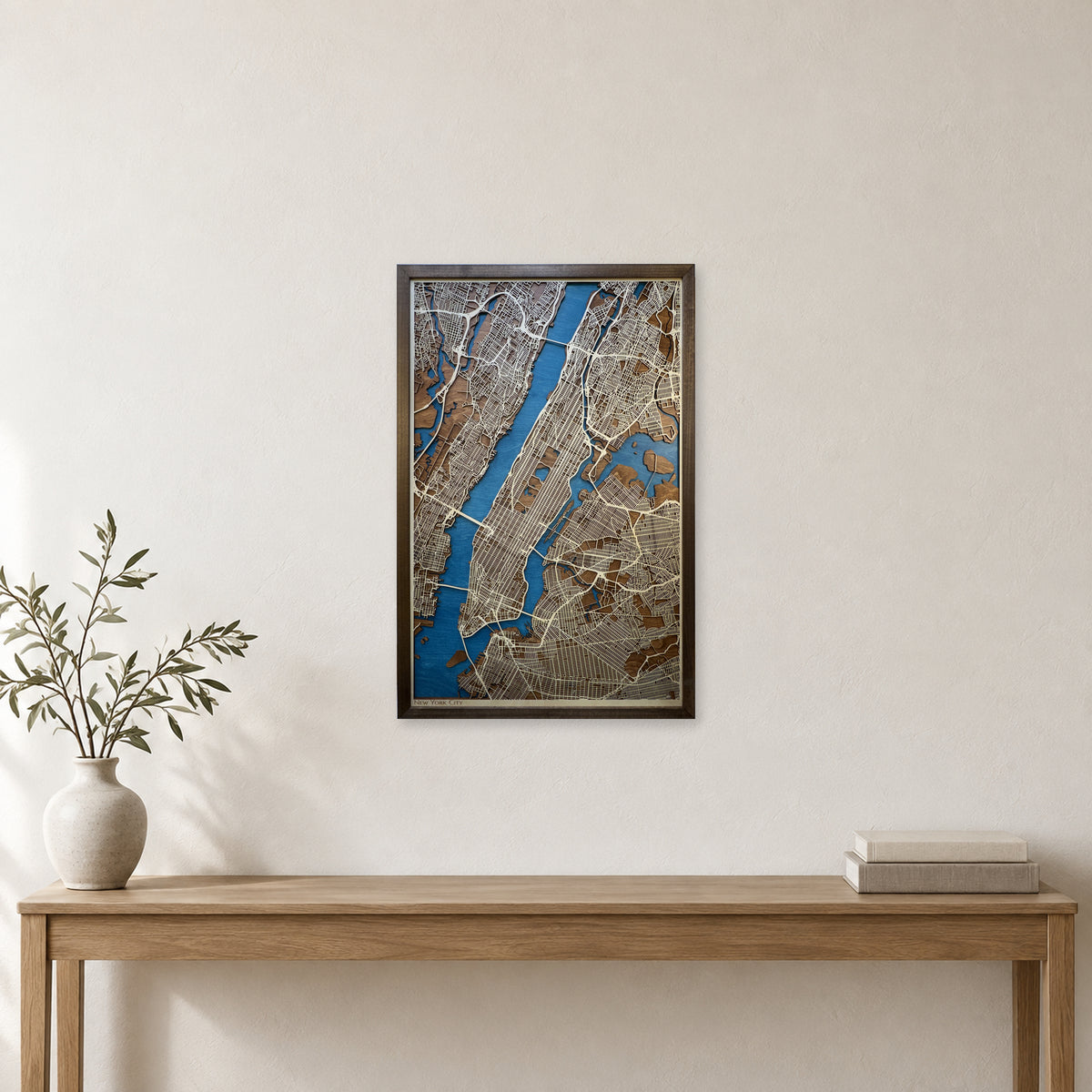 New York City Walnut Plain Title Layered Street Wood Map — room mockup [MC20261006 q2896 dae2e6646e65]