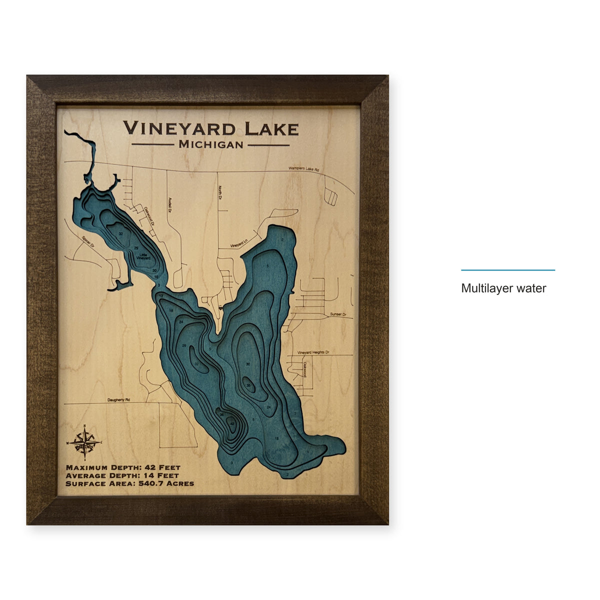 Vineyard Lake, Michigan Wood Map — style-labeled photo [MC20261006 q2906 50c41165bf35]