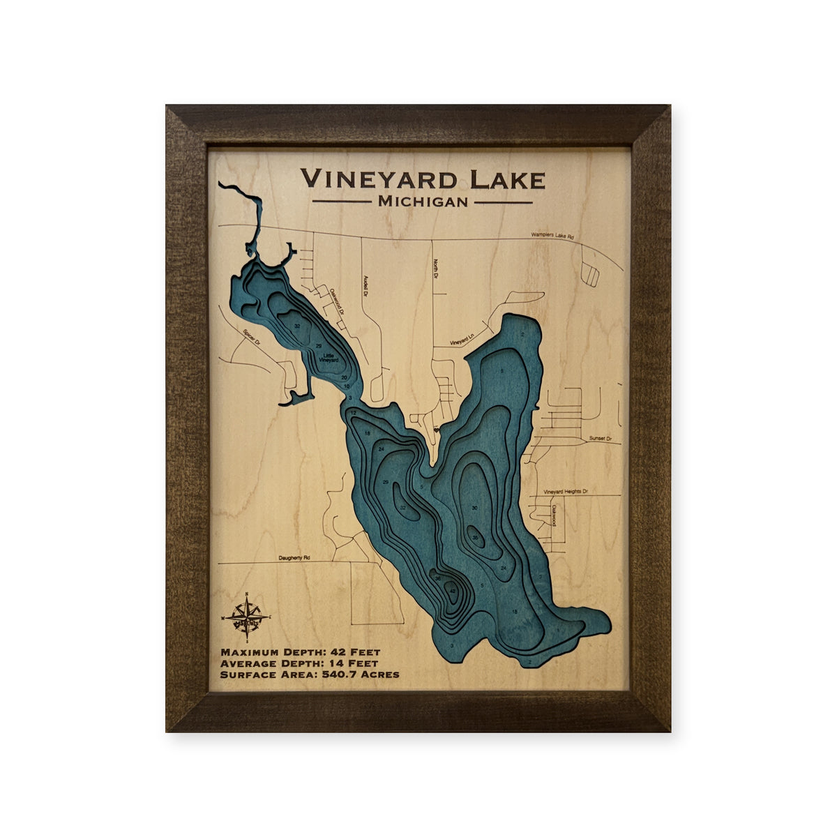 Vineyard Lake, Michigan Wood Map — plain-background photo [MC20261006 q2906 91de50339402]