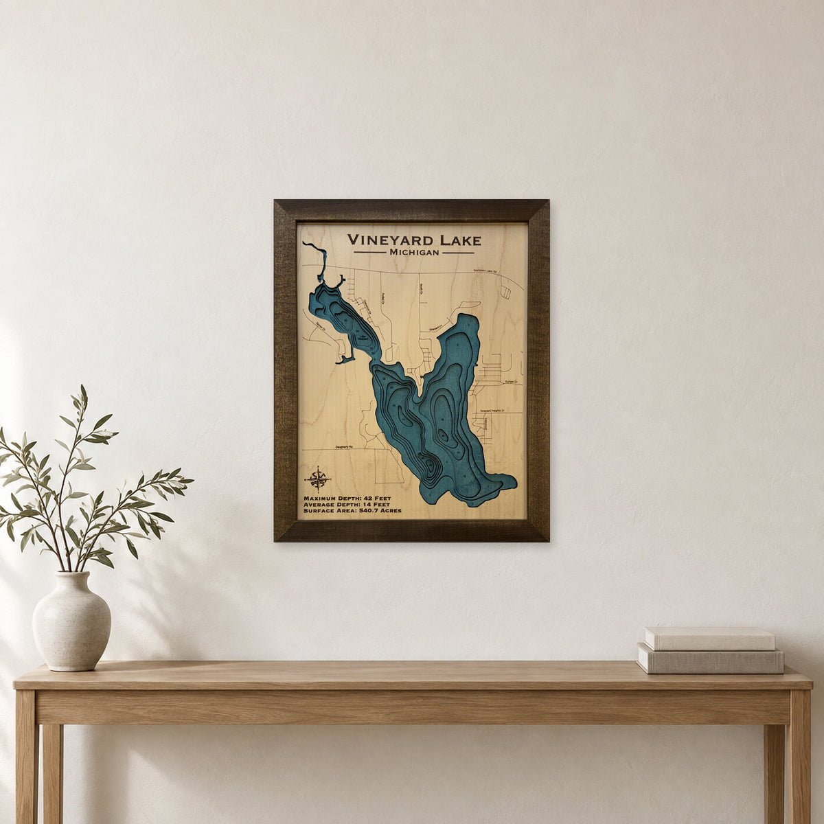 Vineyard Lake, Michigan Wood Map — room mockup [MC20261006 q2906 d6c8bfffd54b]