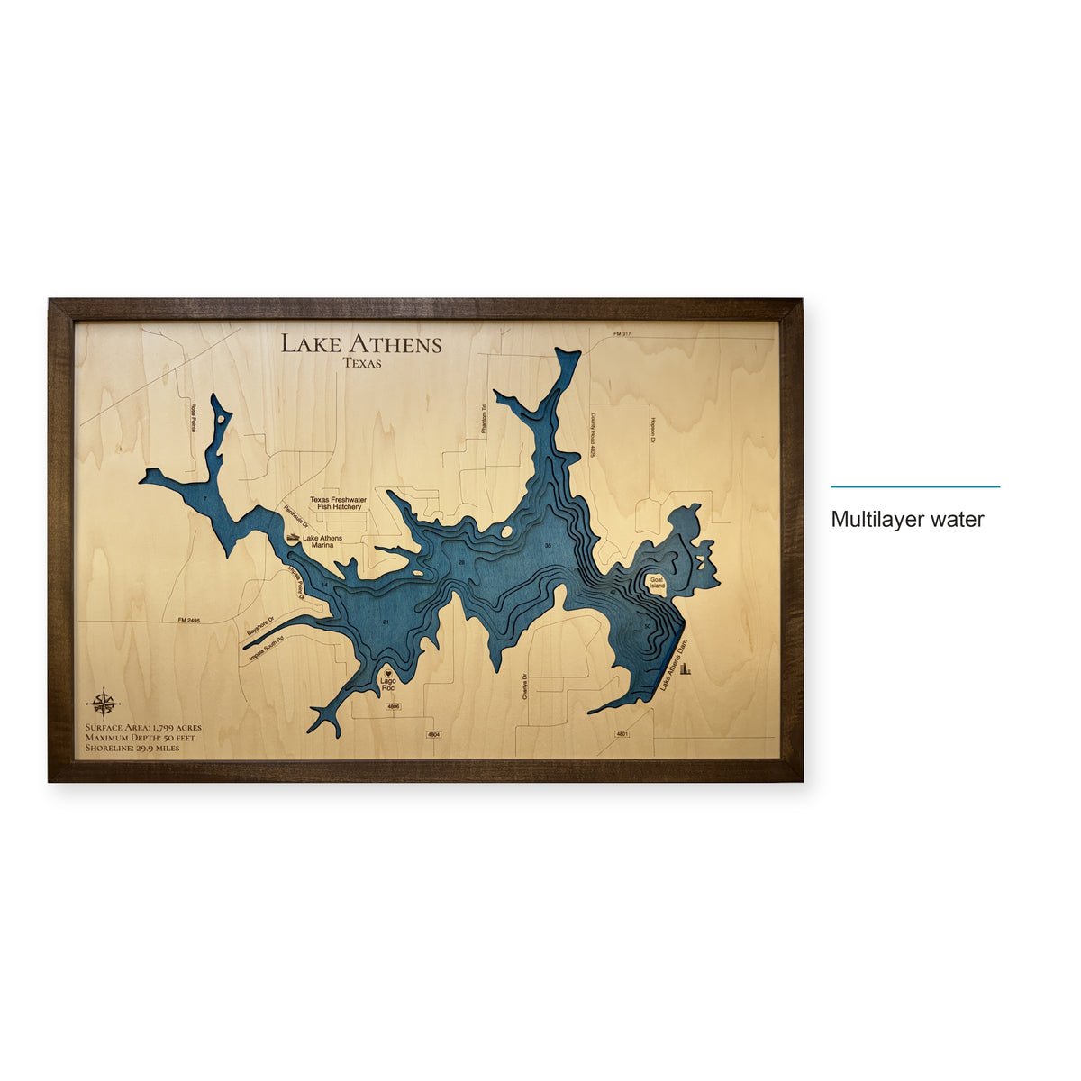 Lake Athens Texas Walnut Plain Title Multilayer Wood Map — style-labeled photo [MC20261006 q2916 c1e17b2d2440]