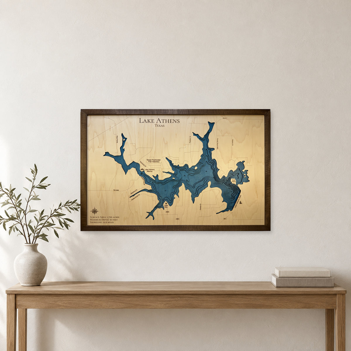 Lake Athens Texas Walnut Plain Title Multilayer Wood Map — room mockup [MC20261006 q2916 5f2a7b274cd7]