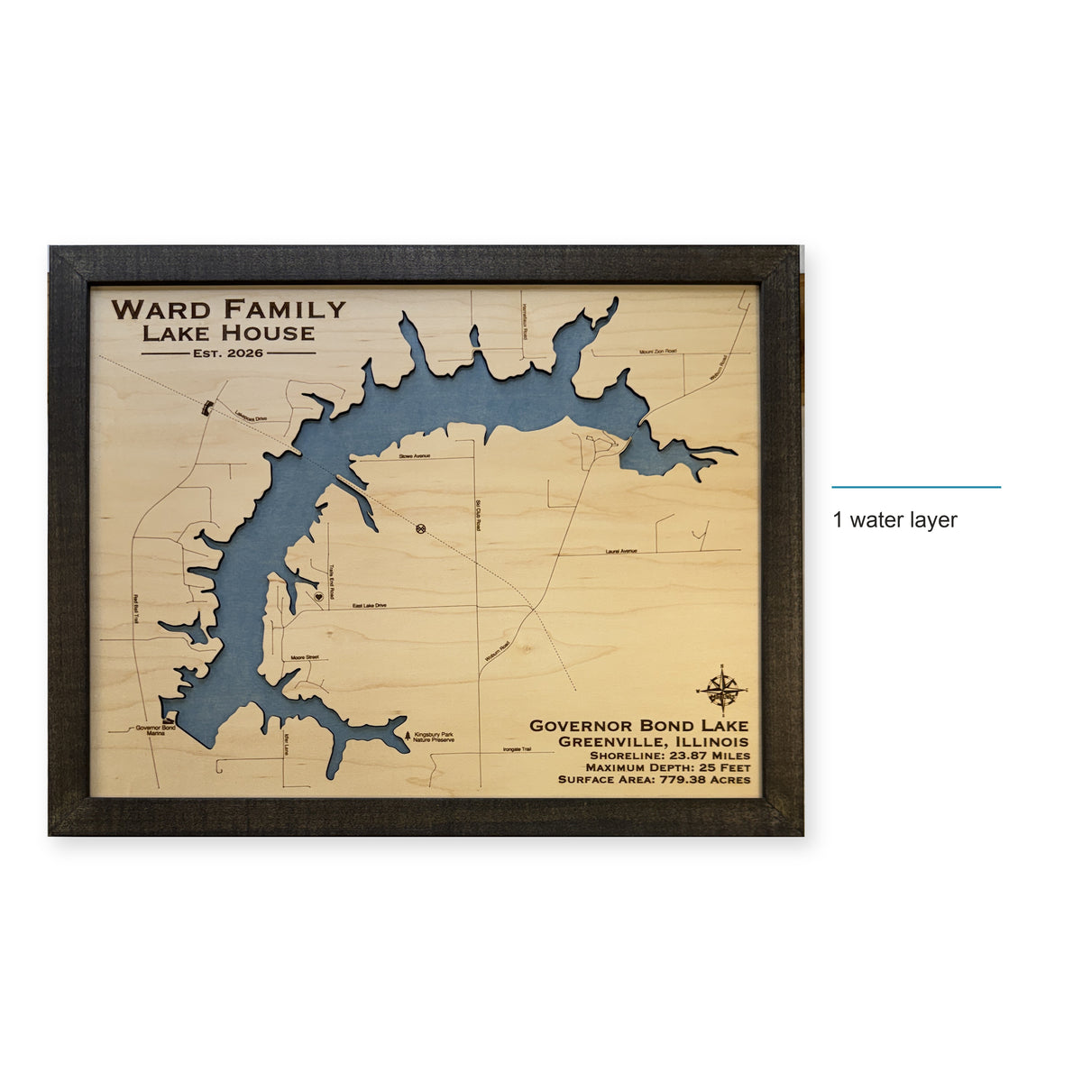 Governor Bond Lake Illinois Ward Family Single Water Wood Map — style-labeled photo [MC20261006 q2919 bd737712d470]