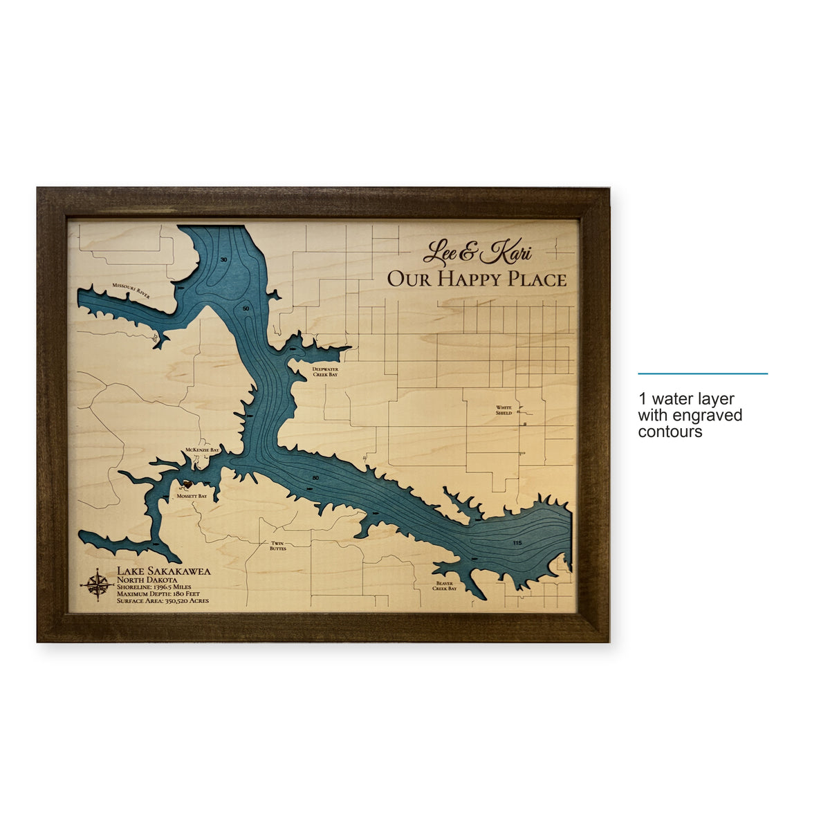 Lake Sakakawea North Dakota Lee Kari Engraved Water Wood Map — style-labeled photo [MC20261006 q2921 72a8b0f71e57]