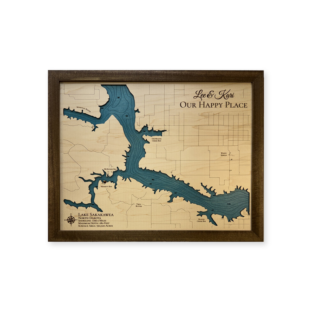 Lake Sakakawea North Dakota Lee Kari Engraved Water Wood Map — 1 water layer with engraved contours main photo [MC20261006 q2921 39956f864f3e]