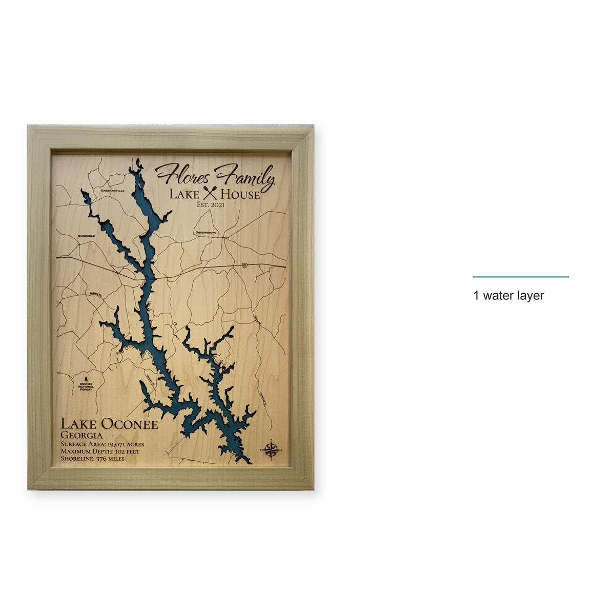 Lake Oconee Georgia Flores Family Single Water Wood Map — style-labeled photo [MC20261006 q2929 f5158683bd39]