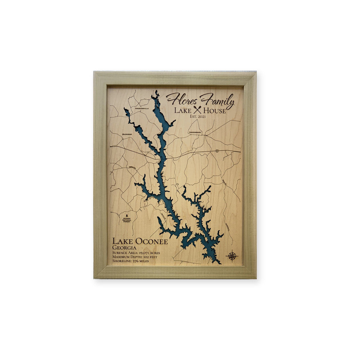 Lake Oconee Georgia Flores Family Single Water Wood Map — 1 water layer main photo [MC20261006 q2929 e4e459b35430]