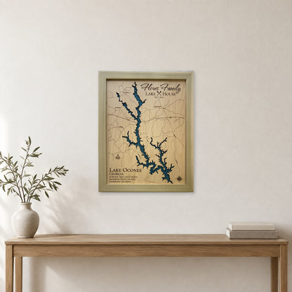 Lake Oconee Georgia Flores Family Single Water Wood Map — room mockup [MC20261006 q2929 aea27c5a3604]
